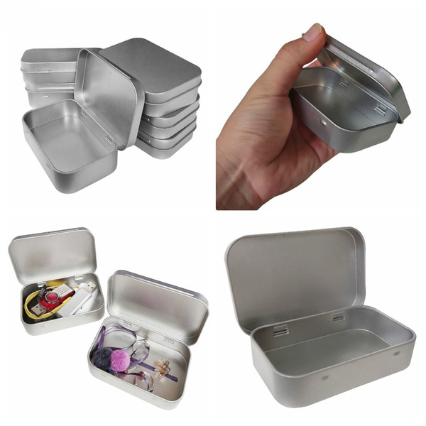 Metal Hinged Top Tin Box Containers Portable Small Storage